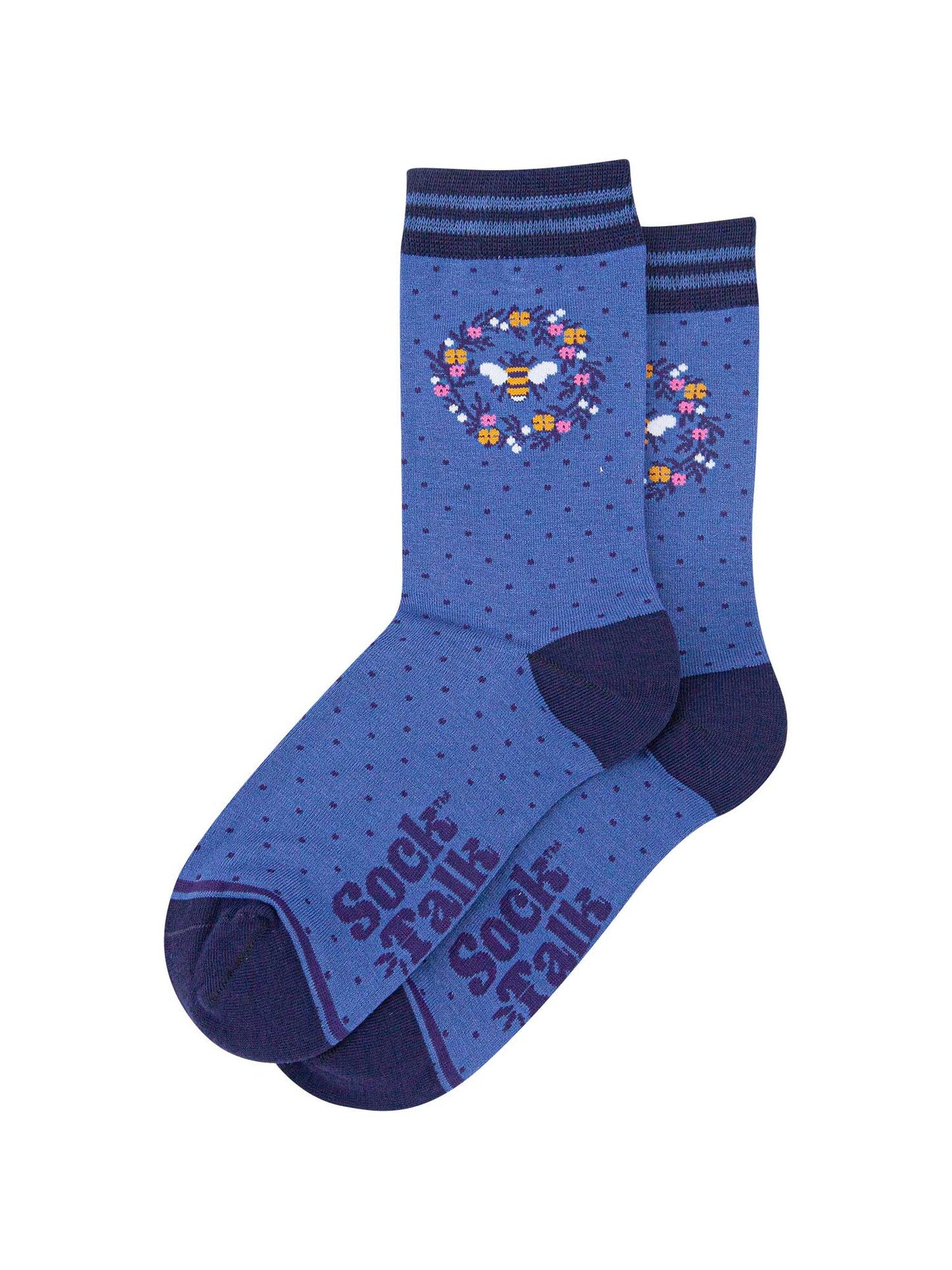 womens-bamboo-socks-denim-blue-navy-blue-bee-wreath-laying-flat