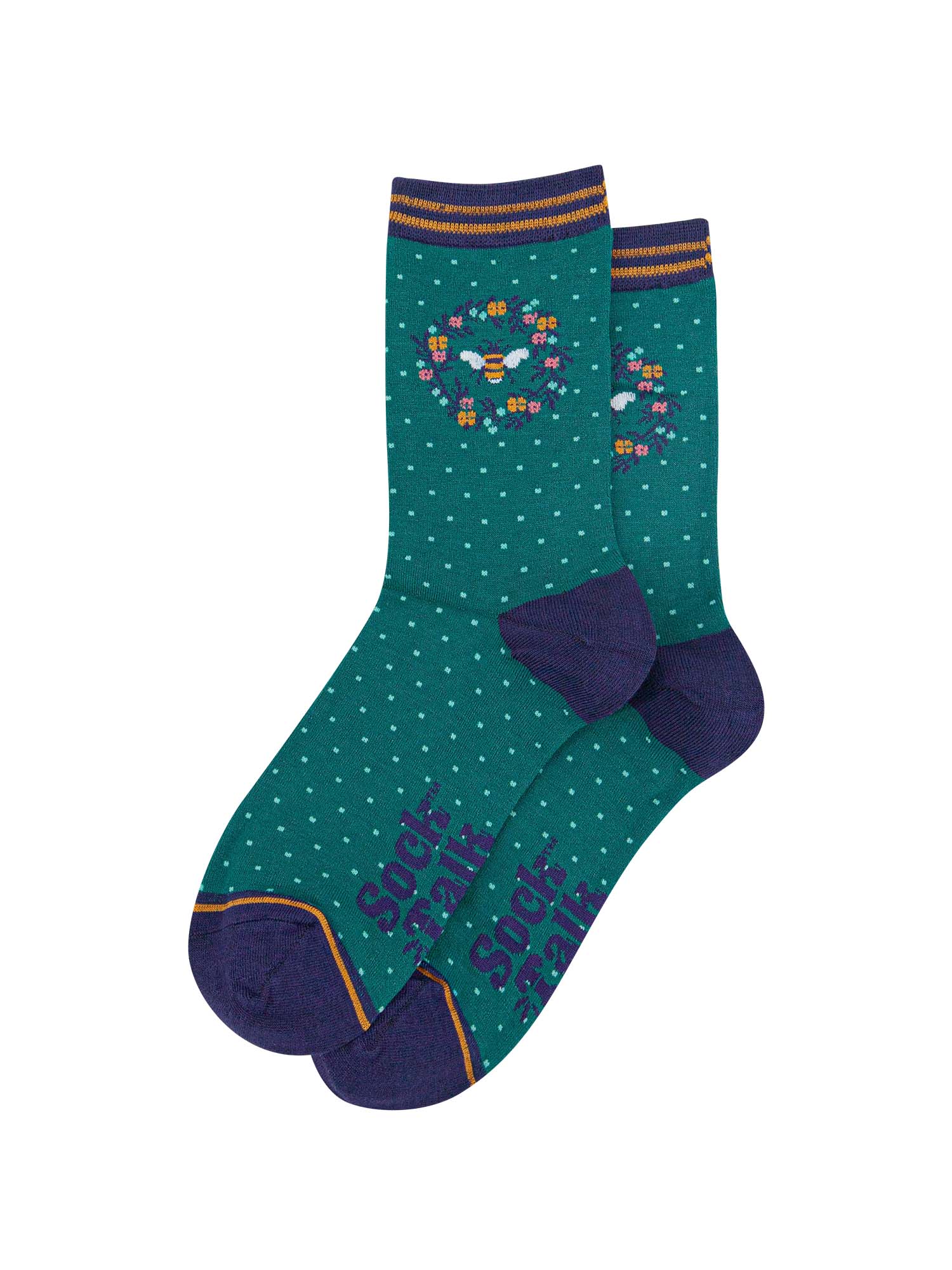 womens green bamboo socks with a honeybee and floral print motif on the ankle