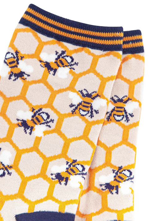 close up of the bees and the honeycomb pattern