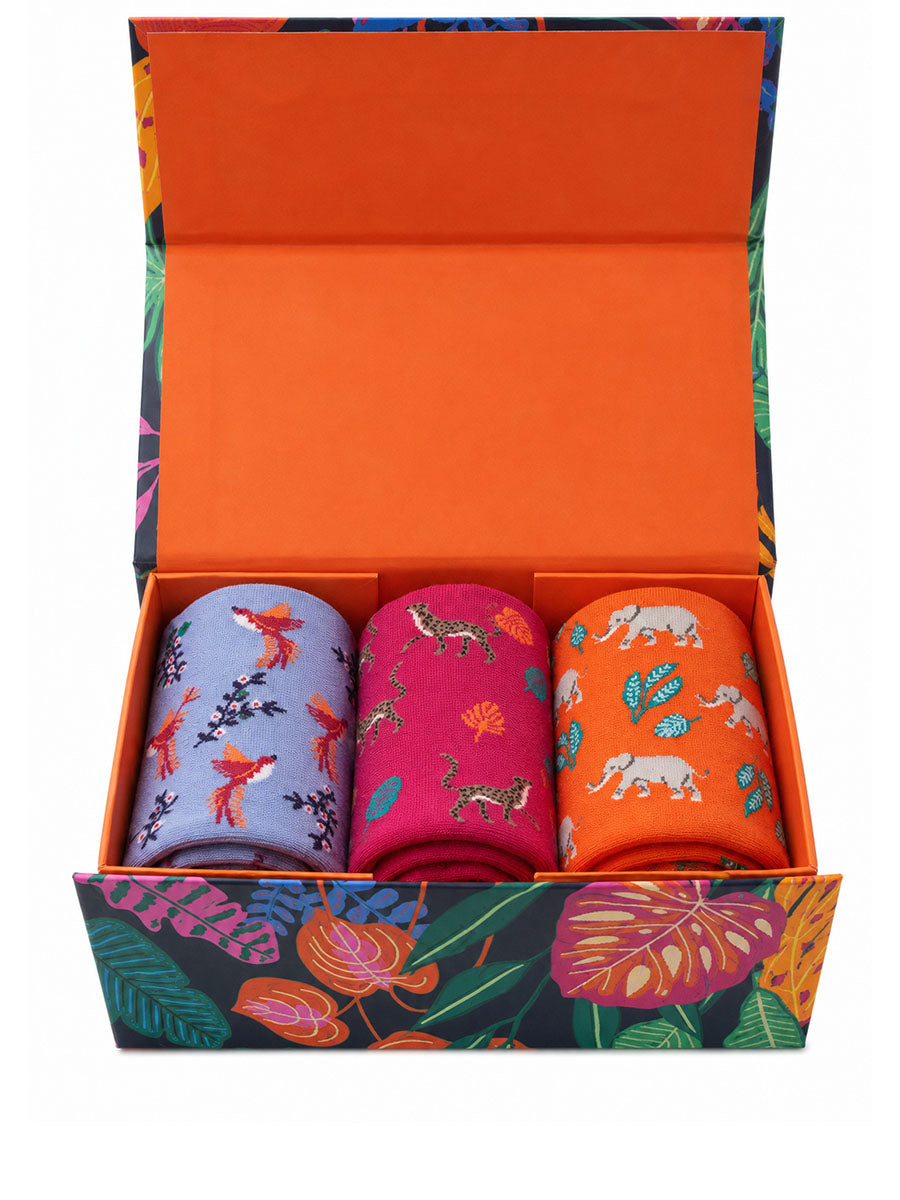 womens-socks-gift-box-orange-jungle-animals