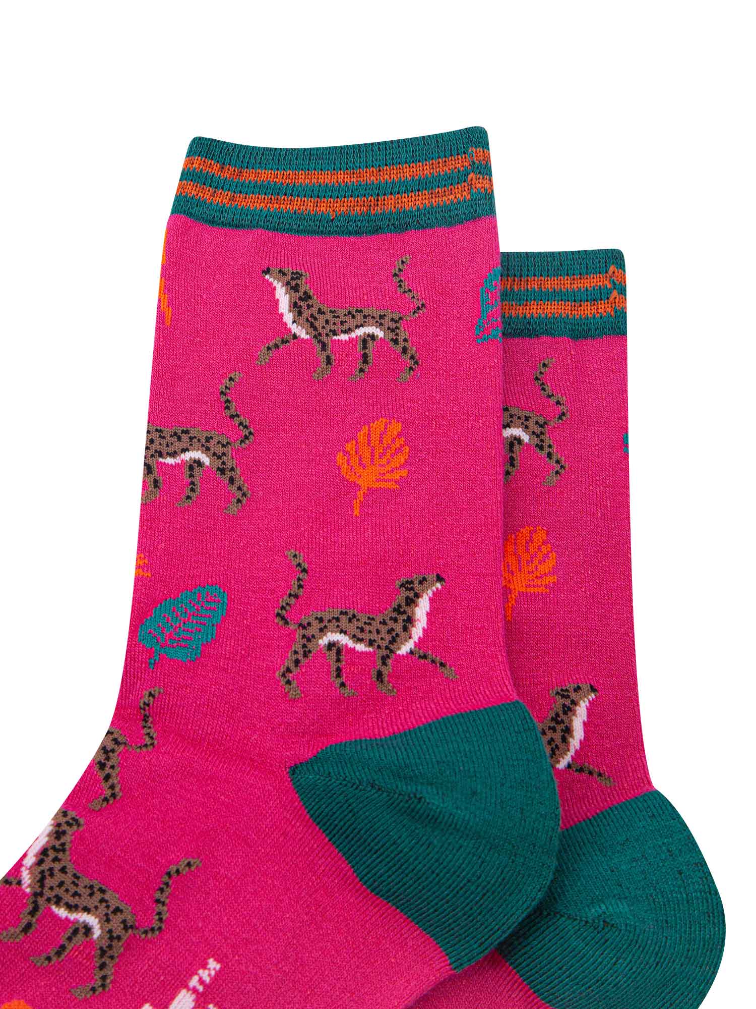 close up of the cheetah cat pattern on the pink ankle socks