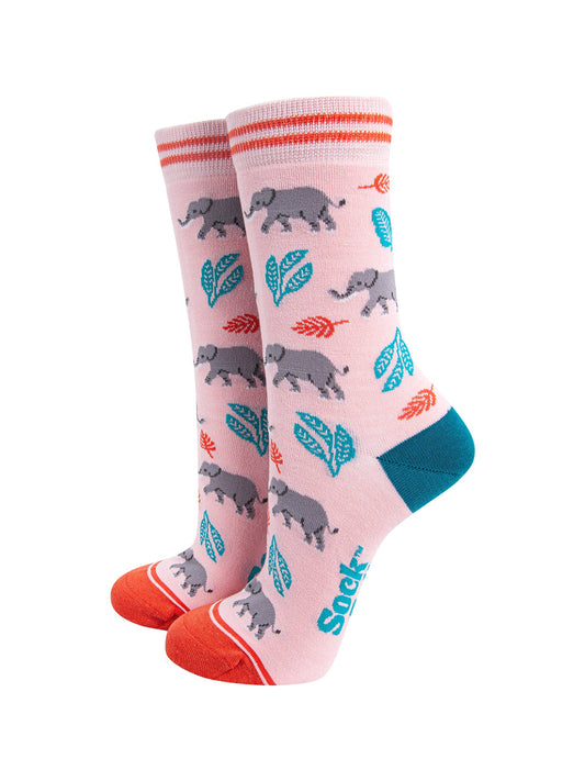 Elephants-Bamboo-Socks-in-Pink-On-Foot-Mannequin
