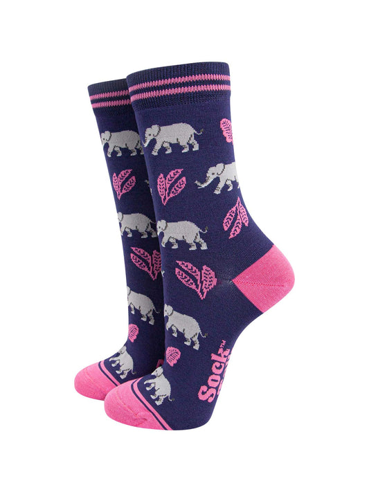 womens-bamboo-socks-navy-blue-pink-elephant-leaves