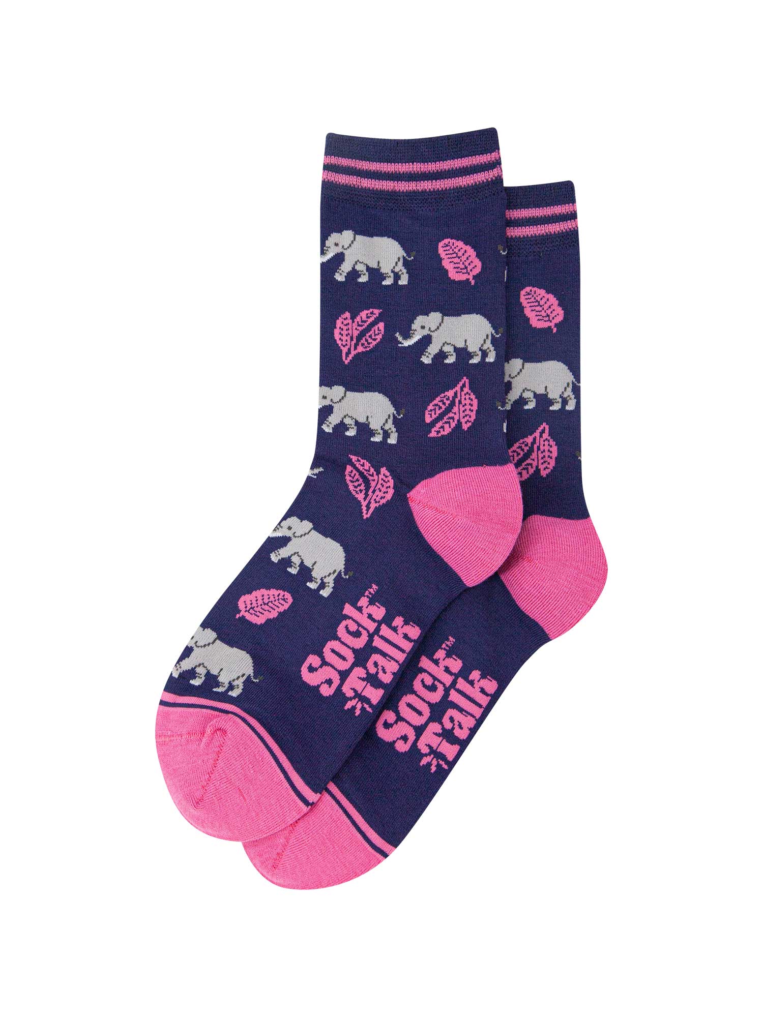 womens-bamboo-socks-navy-blue-pink-elephant-laying-flat