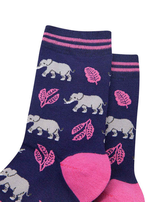 womens-bamboo-socks-navy-blue-pink-elephant-close-up