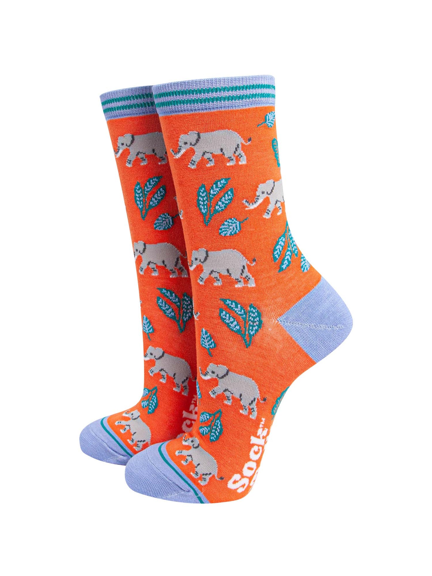 womens orange and blue bamboo socks with an all over grey elephant and green leaf pattern