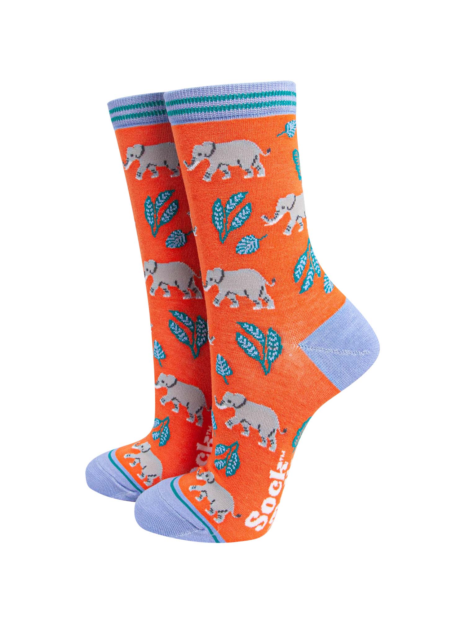 womens orange and blue bamboo socks with an all over grey elephant and green leaf pattern