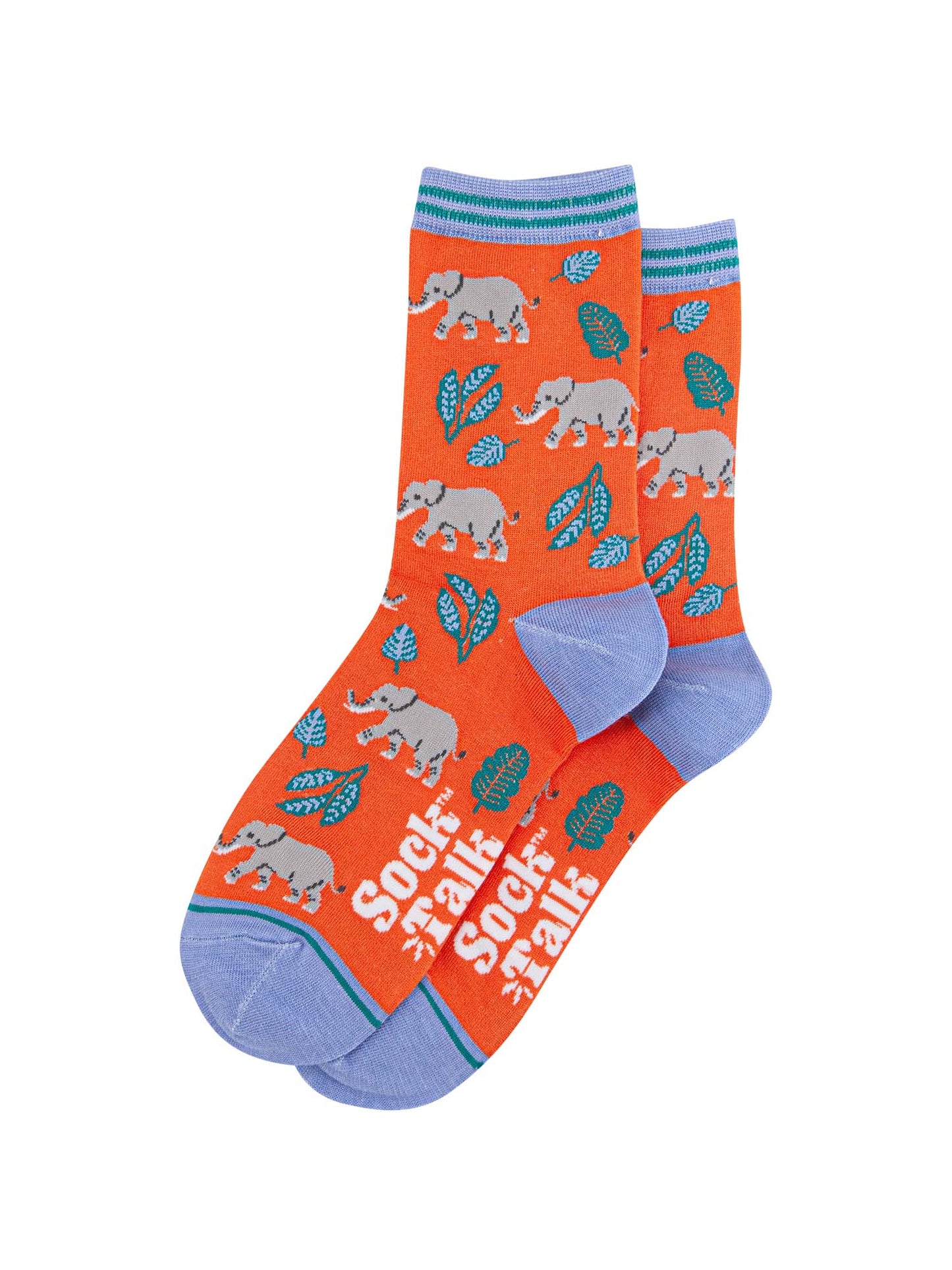 womens orange elephant bamboo ankle socks with a blue striped cuff trim