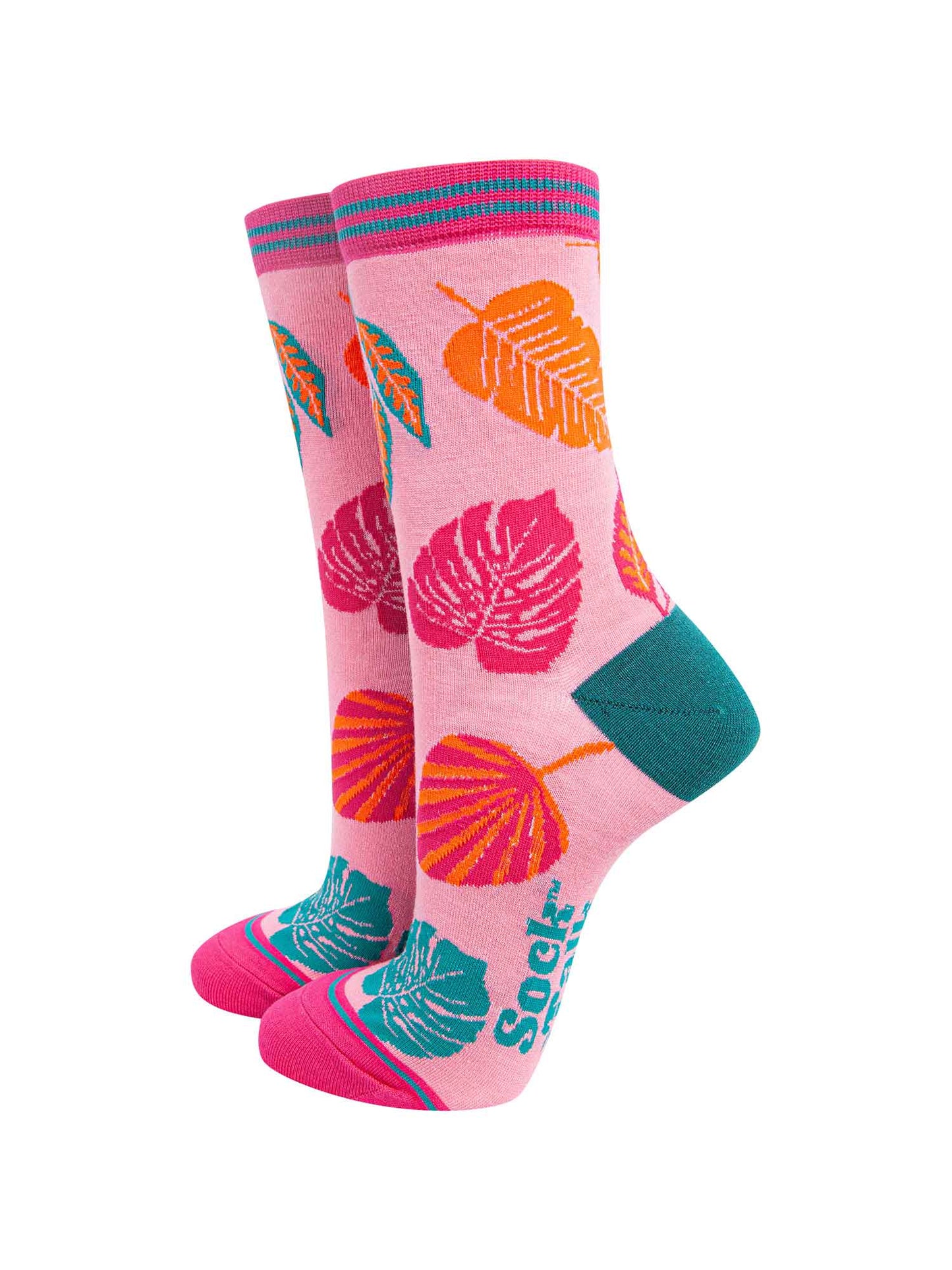 pink bamboo ankle socks with an all over pink, green and orange tropical leaf pattern