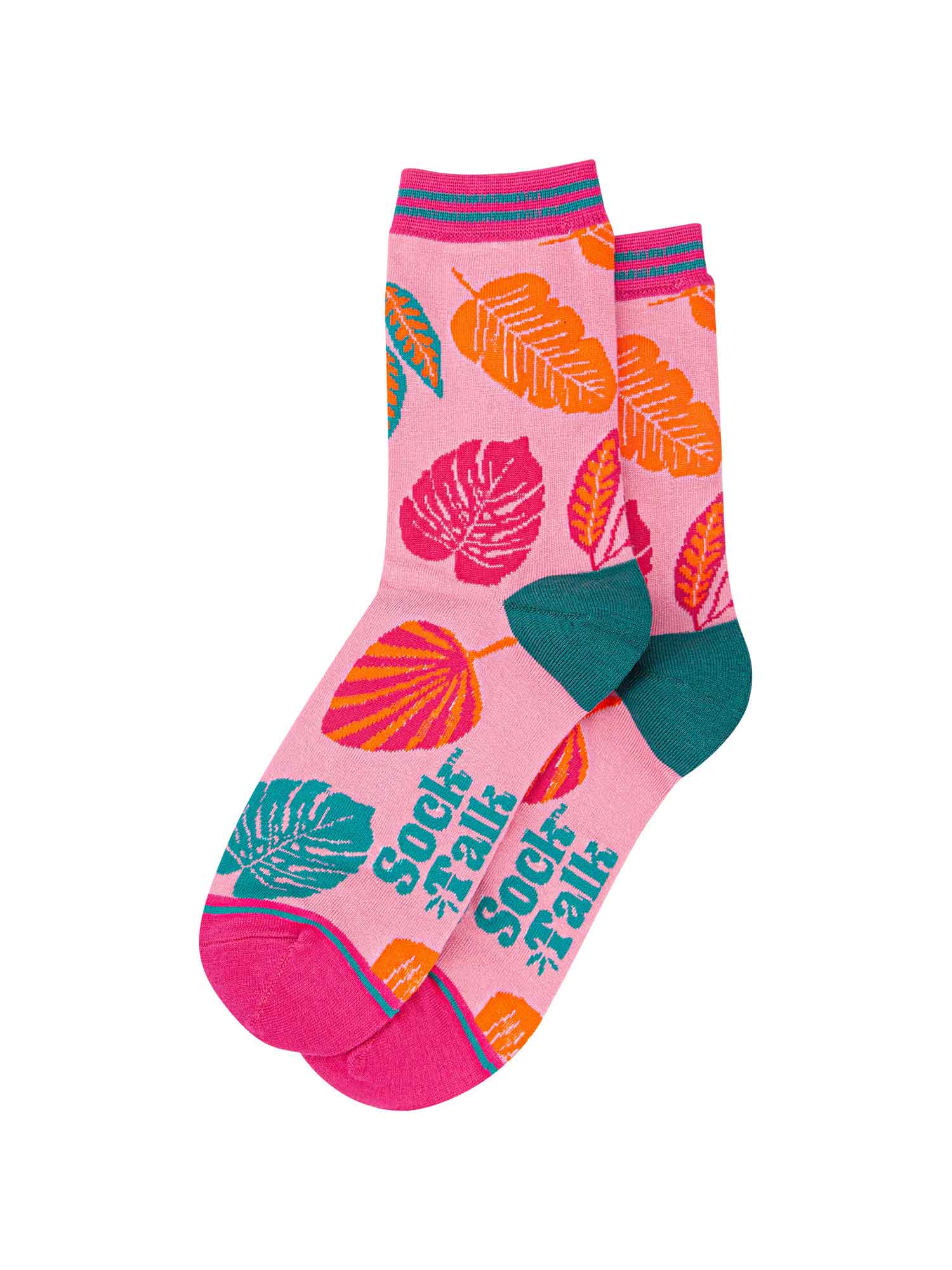 pink ankle socks with an all over colourful tropical leaf print in orange, green and fuchsia