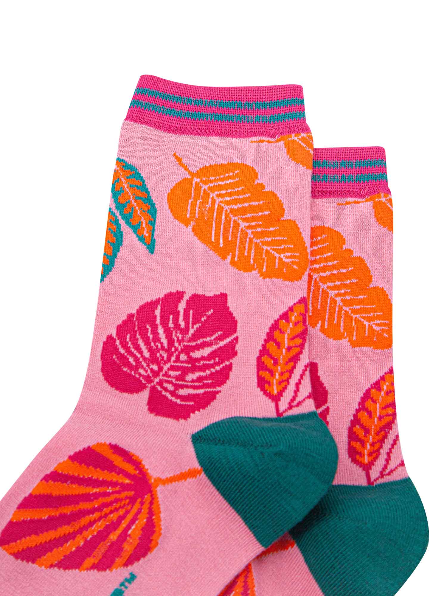 close up of the colourful leaf pattern on the pink ankle socks