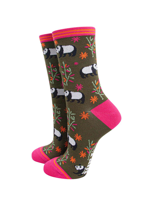 dark khaki green socks with pink heel, toe and cuff with an all over pattern featuring bamboo shoots and panda bears