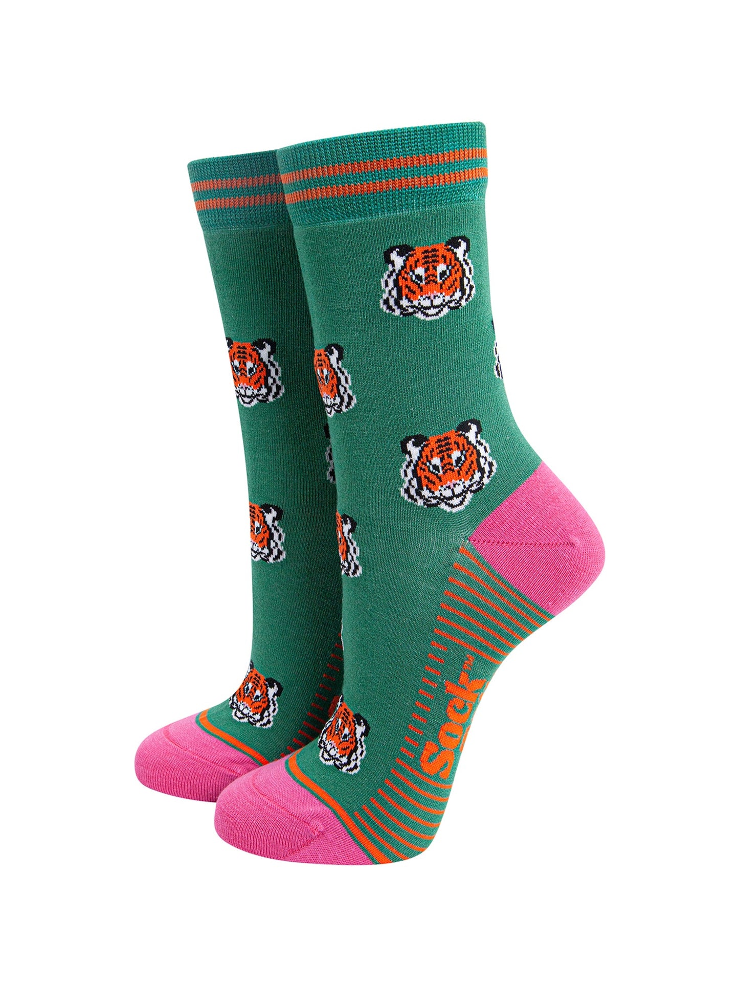 Tiger-Faces-Bamboo-Socks-in-Green-On-Mannequin