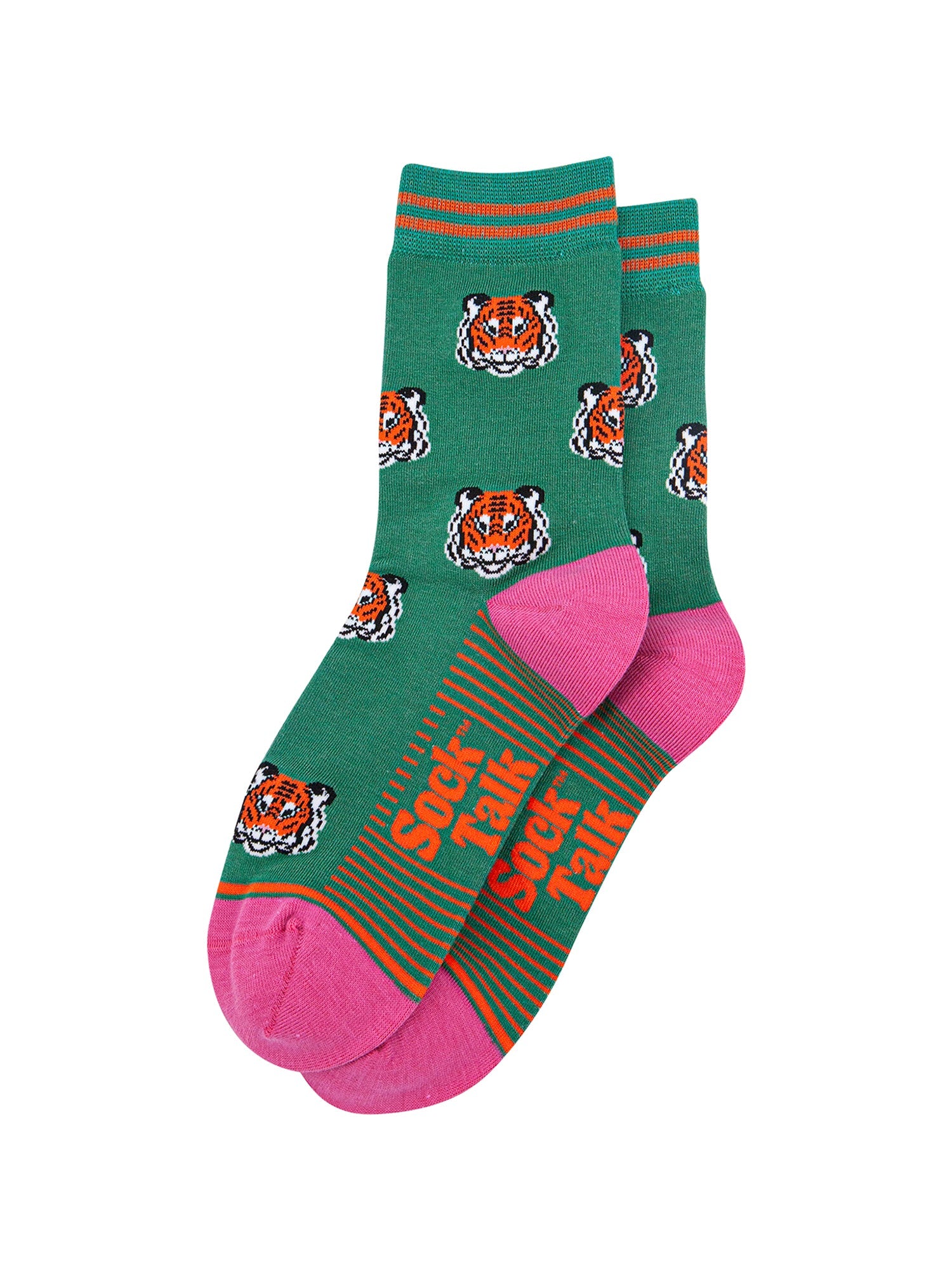 Tiger-Faces-Bamboo-Socks-in-Green-Laid-Flat