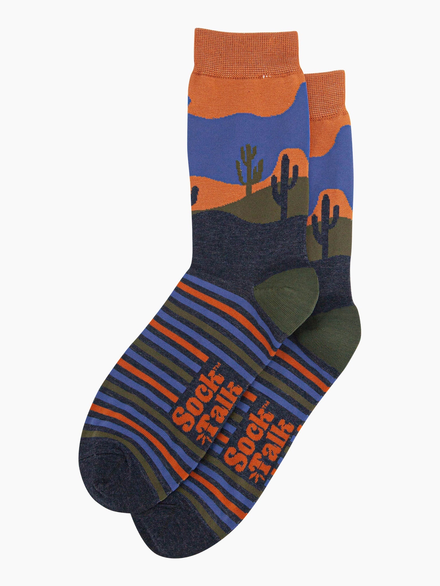 mens-bamboo-socks-navy-blue-desert-landscape-stripe-laying-flat-striped-feet-landscape-ankle