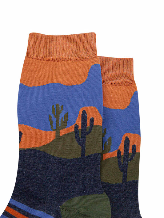mens-bamboo-socks-navy-blue-desert-landscape-stripe-close-up-cacti-setting-sun-landscape