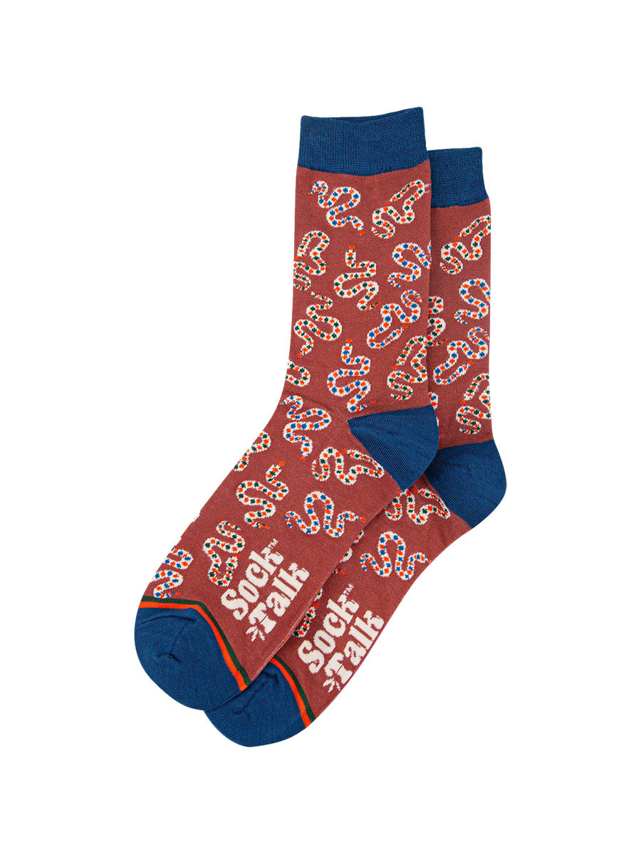 mens bamboo snake pattern dress socks in burnt orange and blue