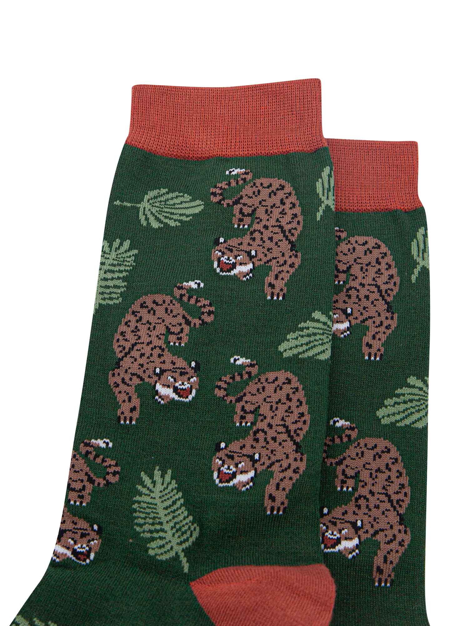 close up of the cheetah big cat pattern on the green bamboo socks