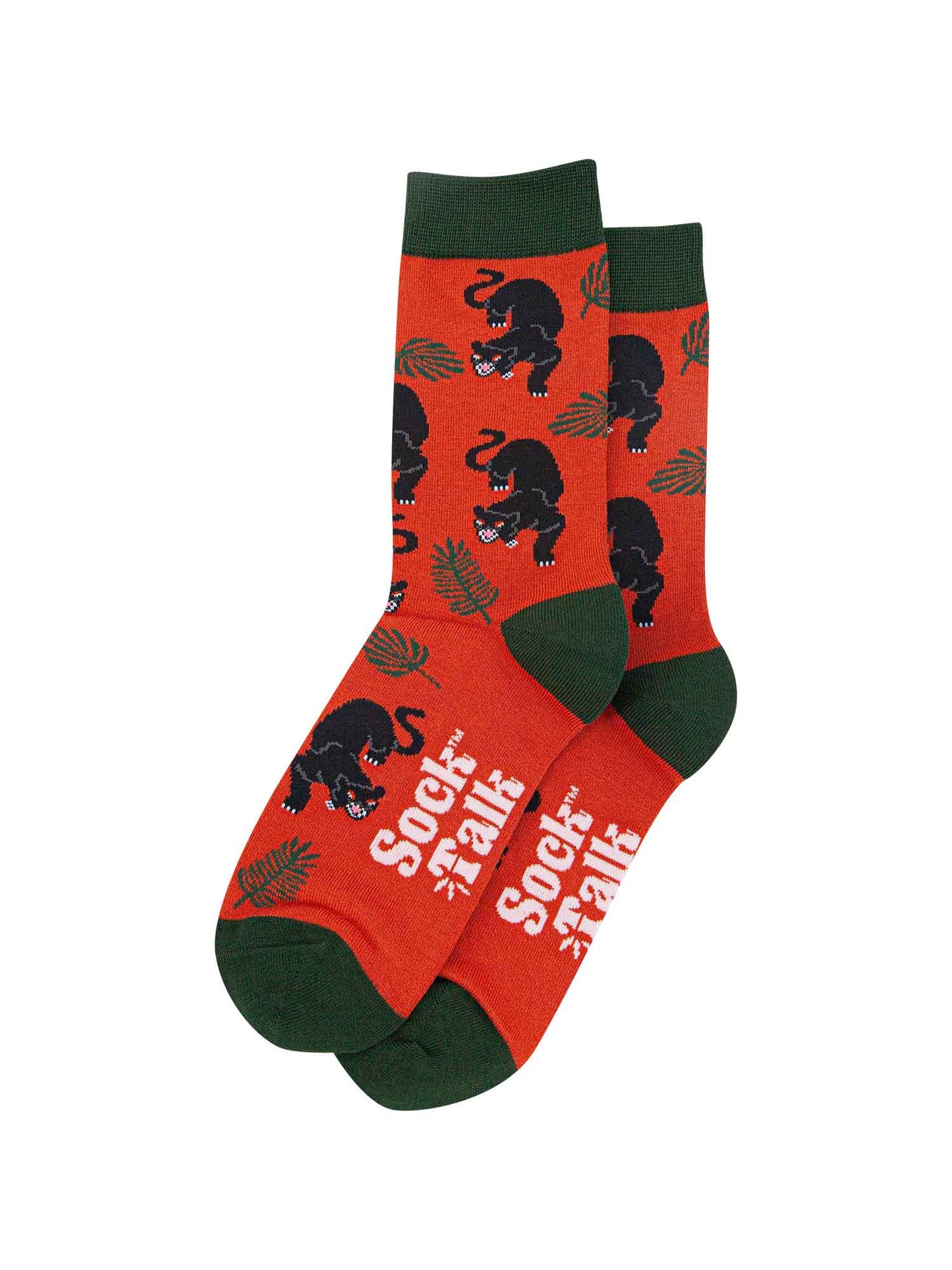 mens prowling panther bamboo socks in orange with green toe, heel and cuff