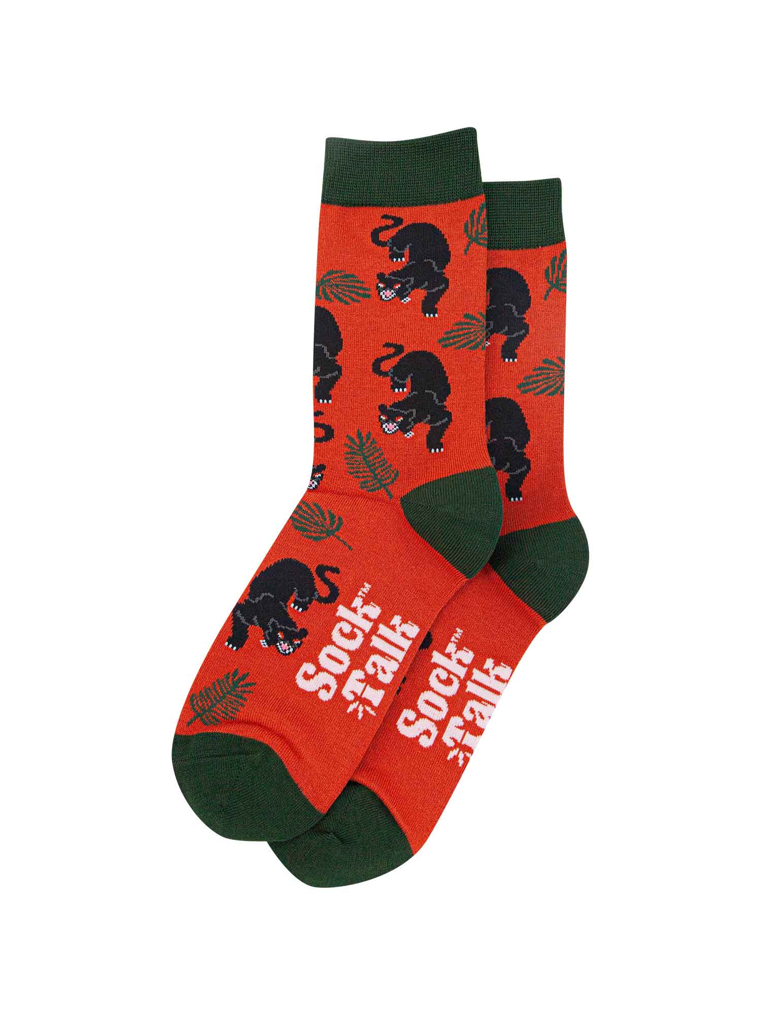 mens prowling panther bamboo socks in orange with green toe, heel and cuff