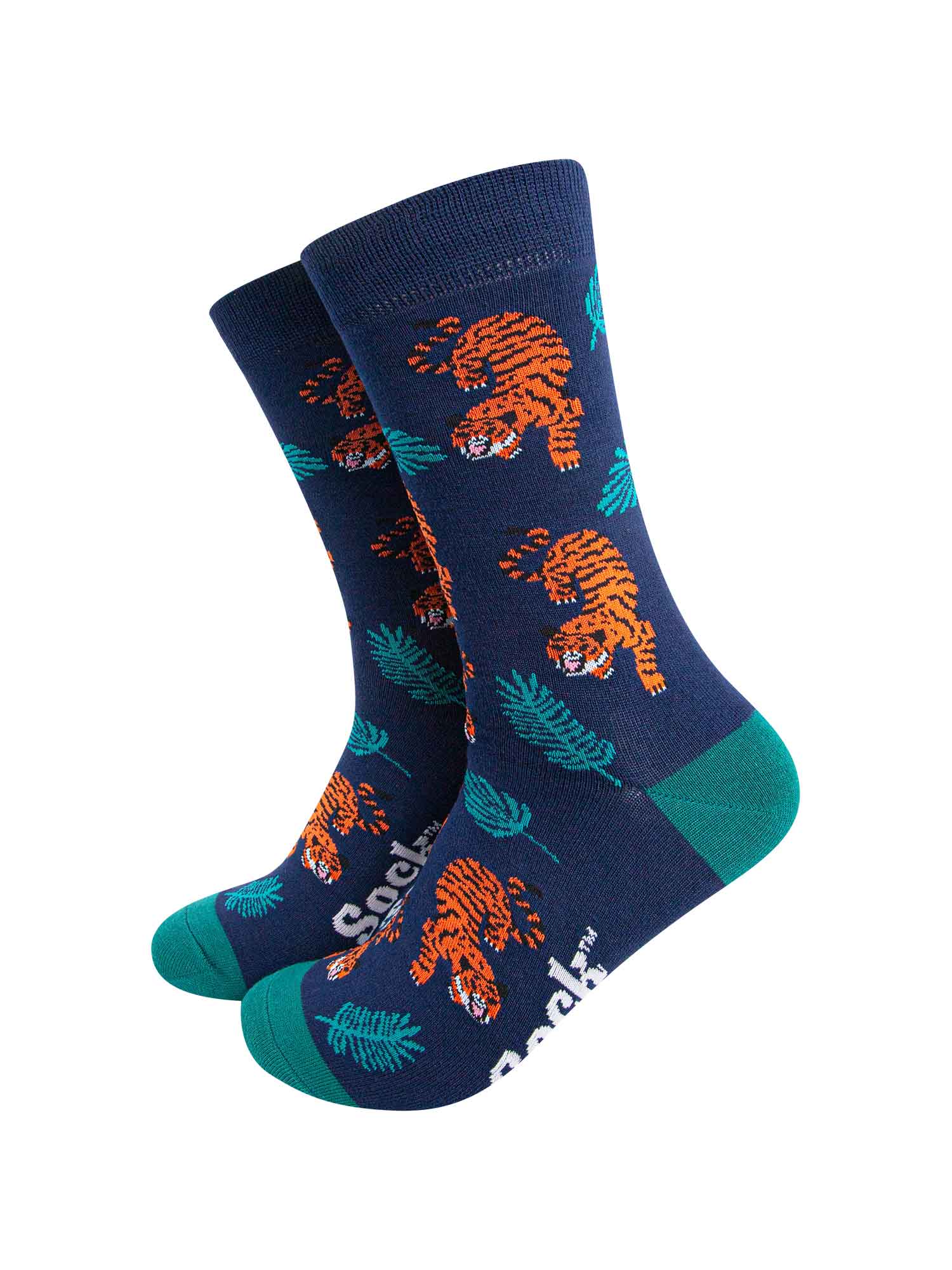 navy blue bamboo socks featuring an orange and black crouching tiger among jungle leaves