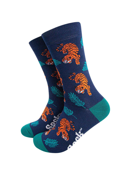 navy blue bamboo socks featuring an orange and black crouching tiger among jungle leaves