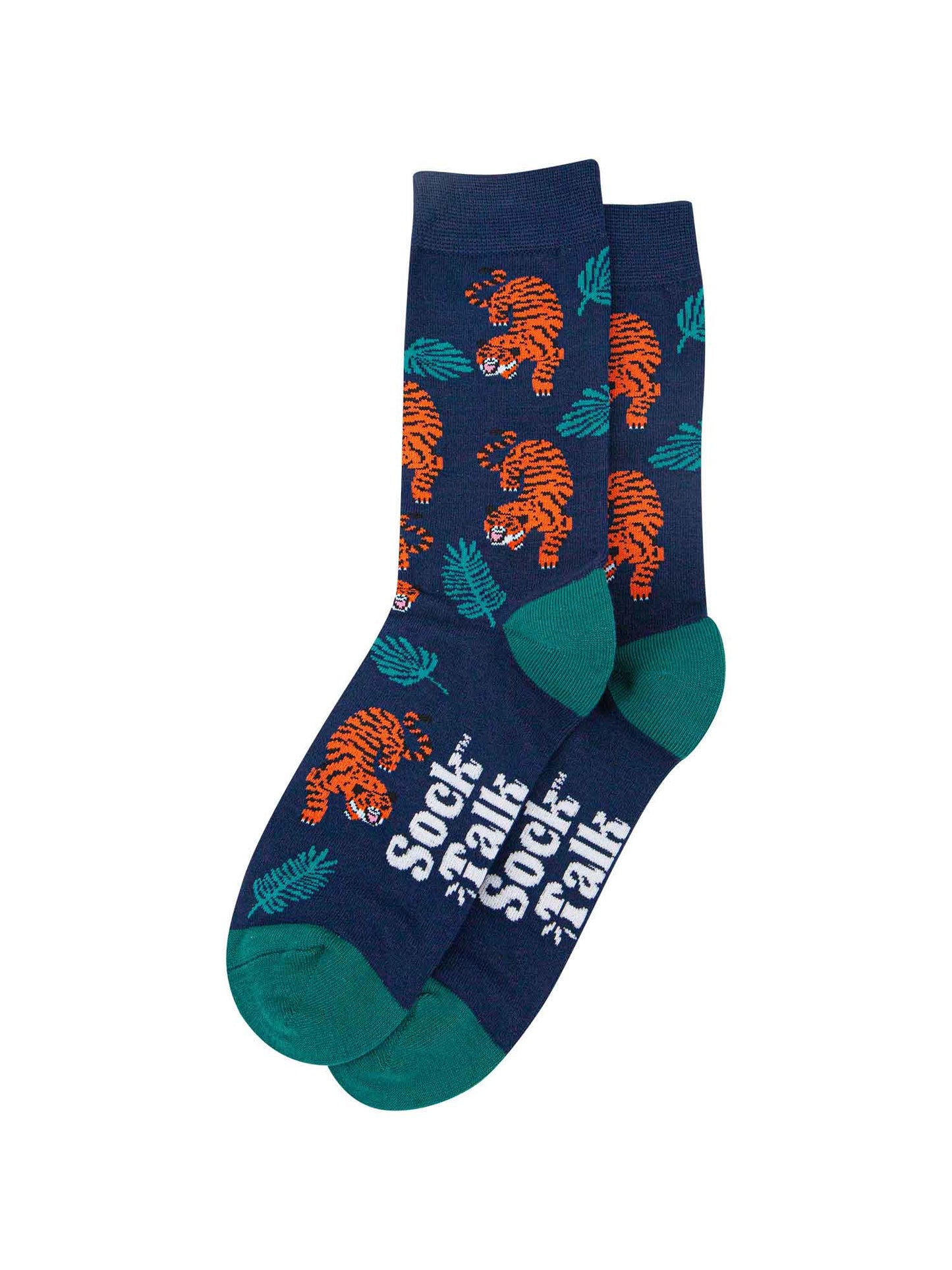 navy blue and green bamboo socks with an all over tiger big cat pattern and jungle leaves