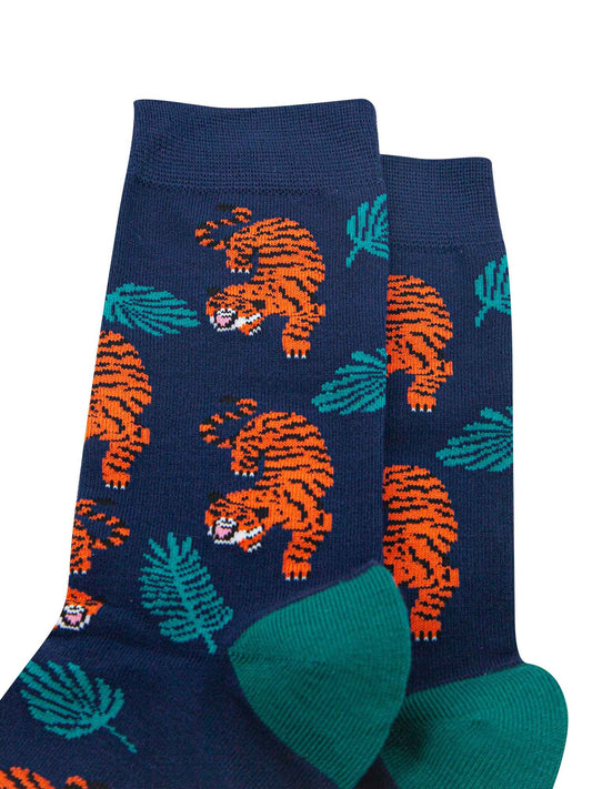close up of the tiger and leaf pattern on the dress socks