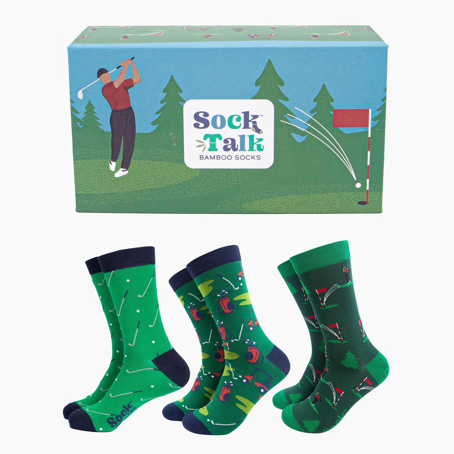three pairs of green golf inspired bamboo socks with a gift box designed to look like a golfer putting