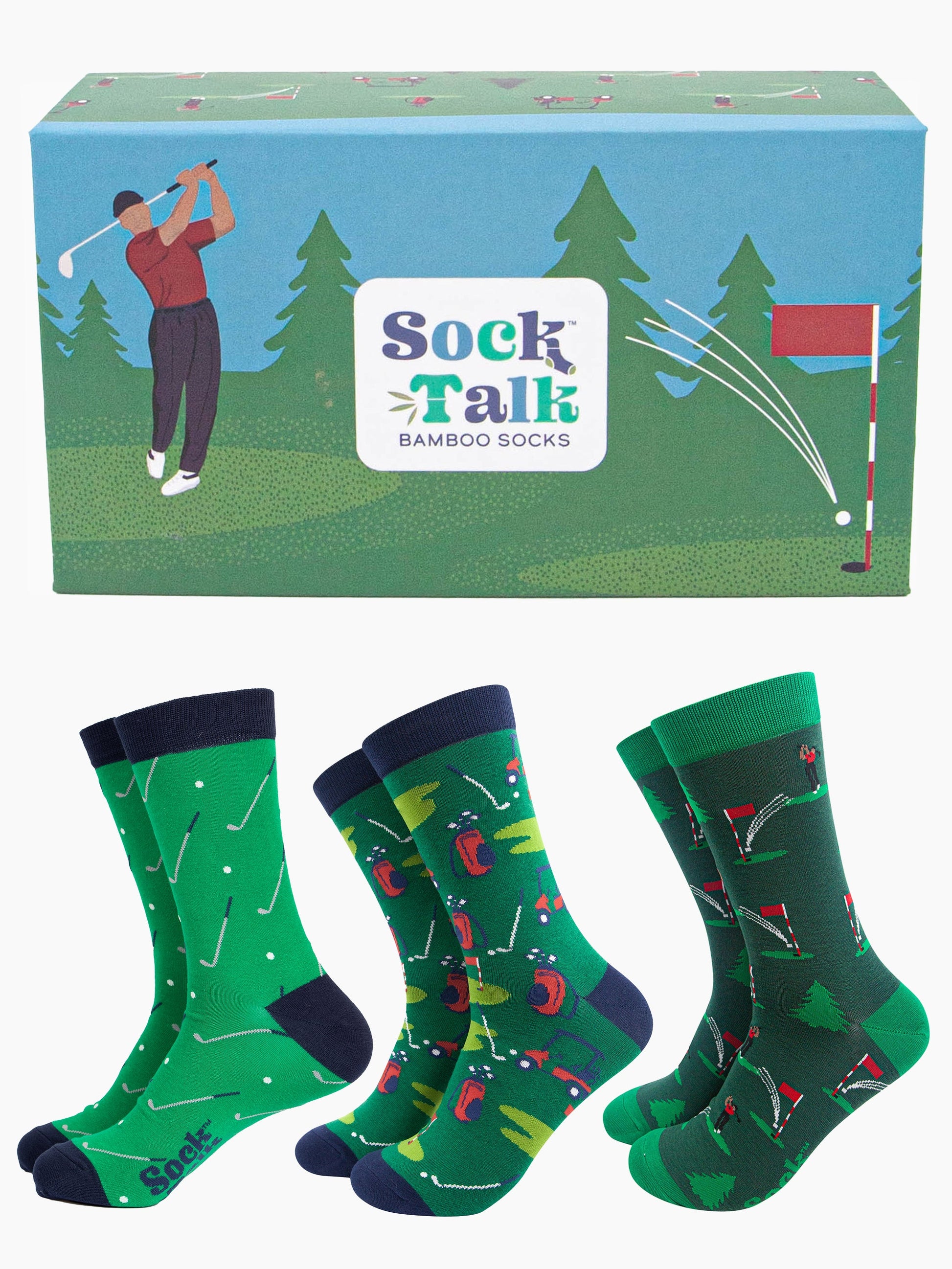 three pairs of green golf inspired bamboo socks with a gift box designed to look like a golfer putting