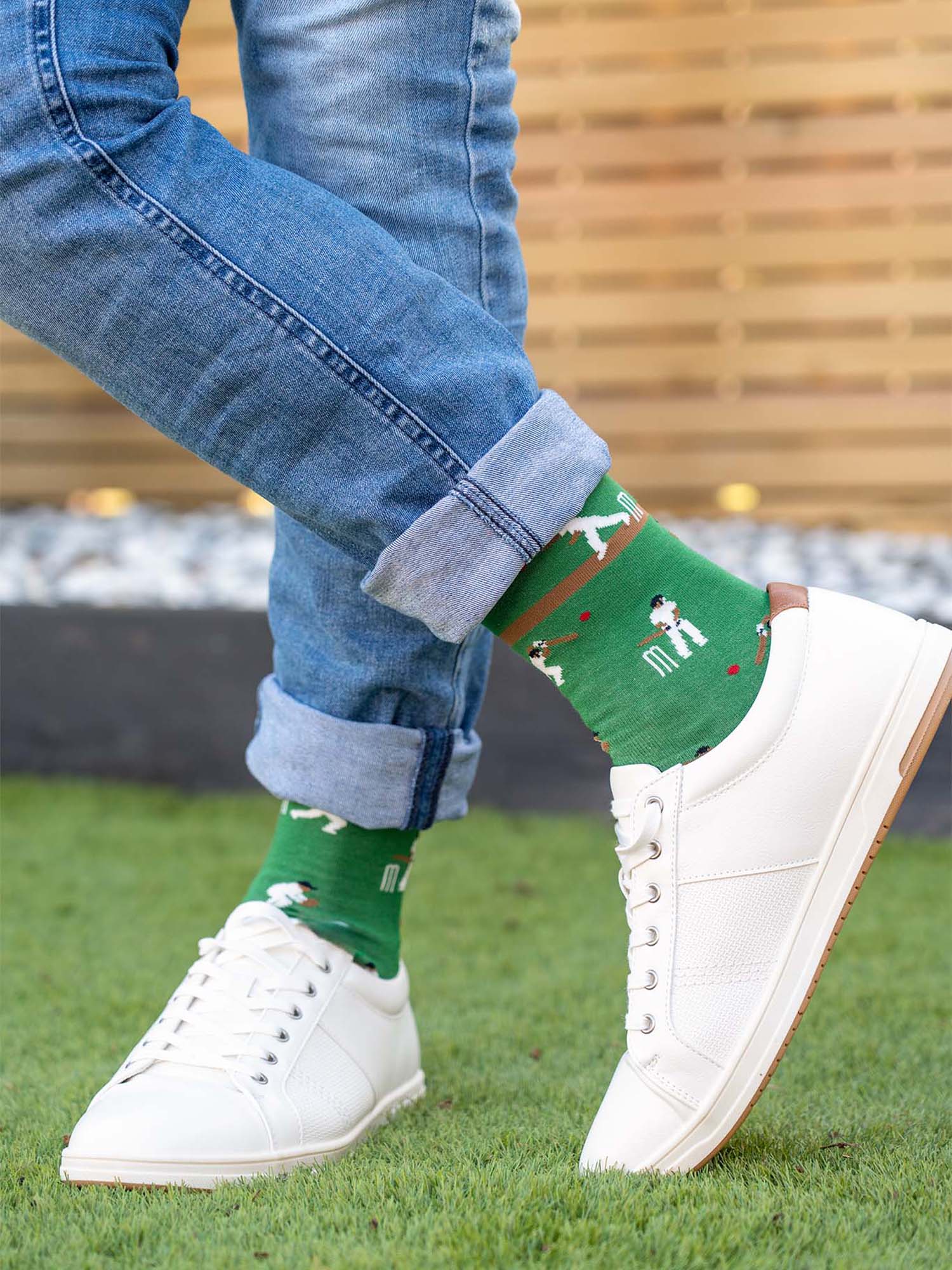 mens-bamboo-socks-green-cricket-players-styled-with-white-trainers