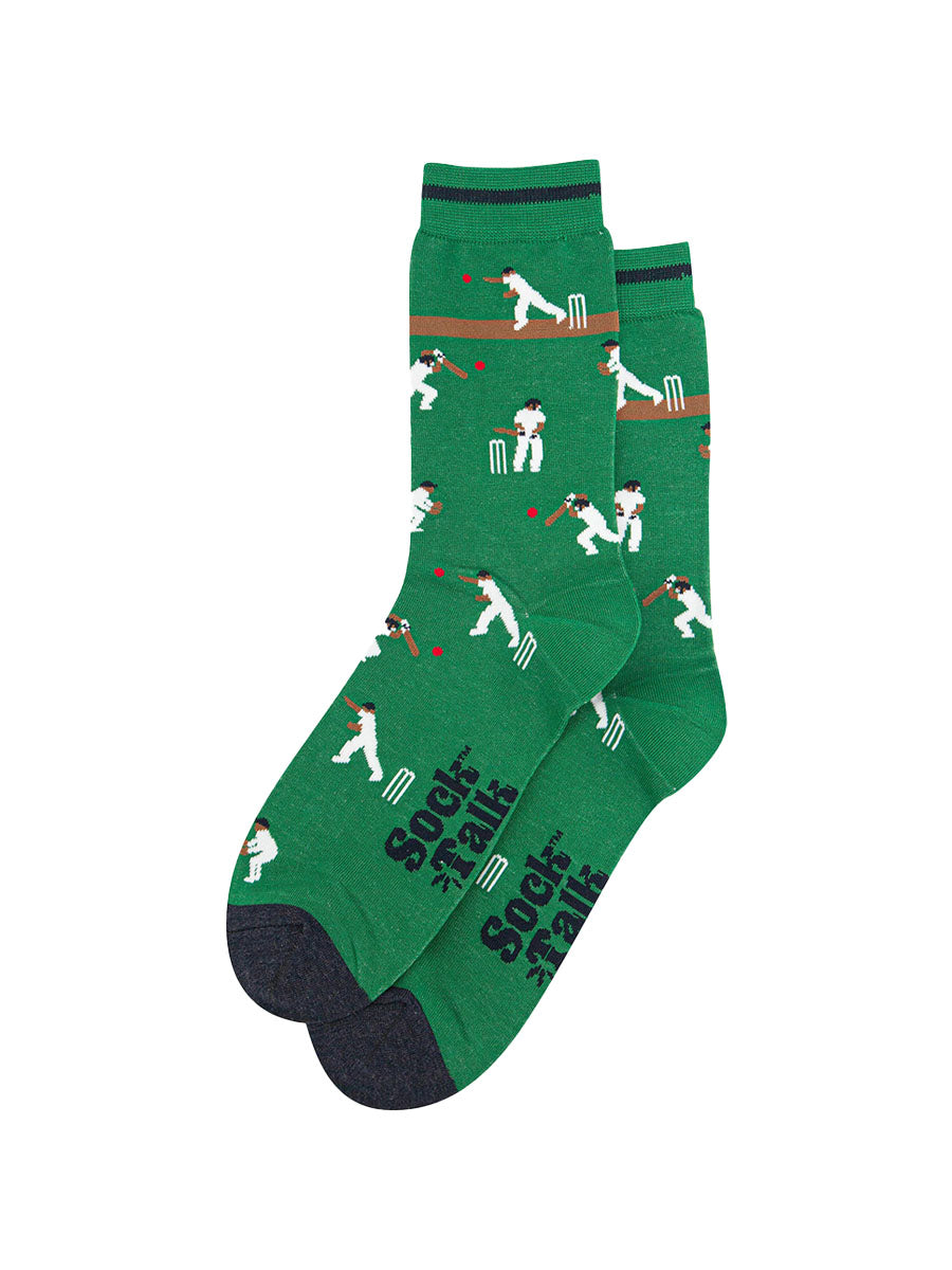 mens-bamboo-socks-green-cricket-players-laying-flat-repeated-pattern-cricketers-playing-sport