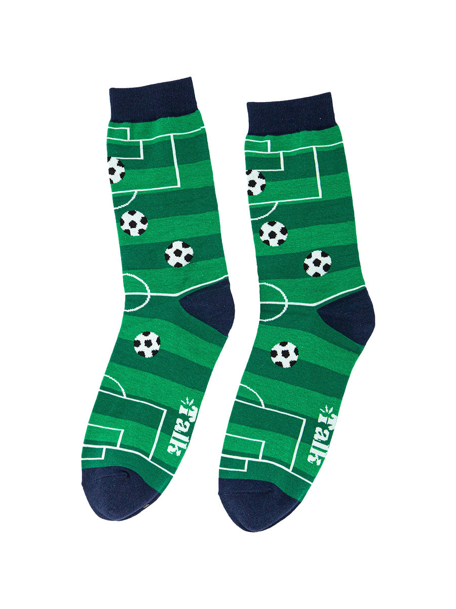 green and navy blue socks designed with white markings of a football pitch