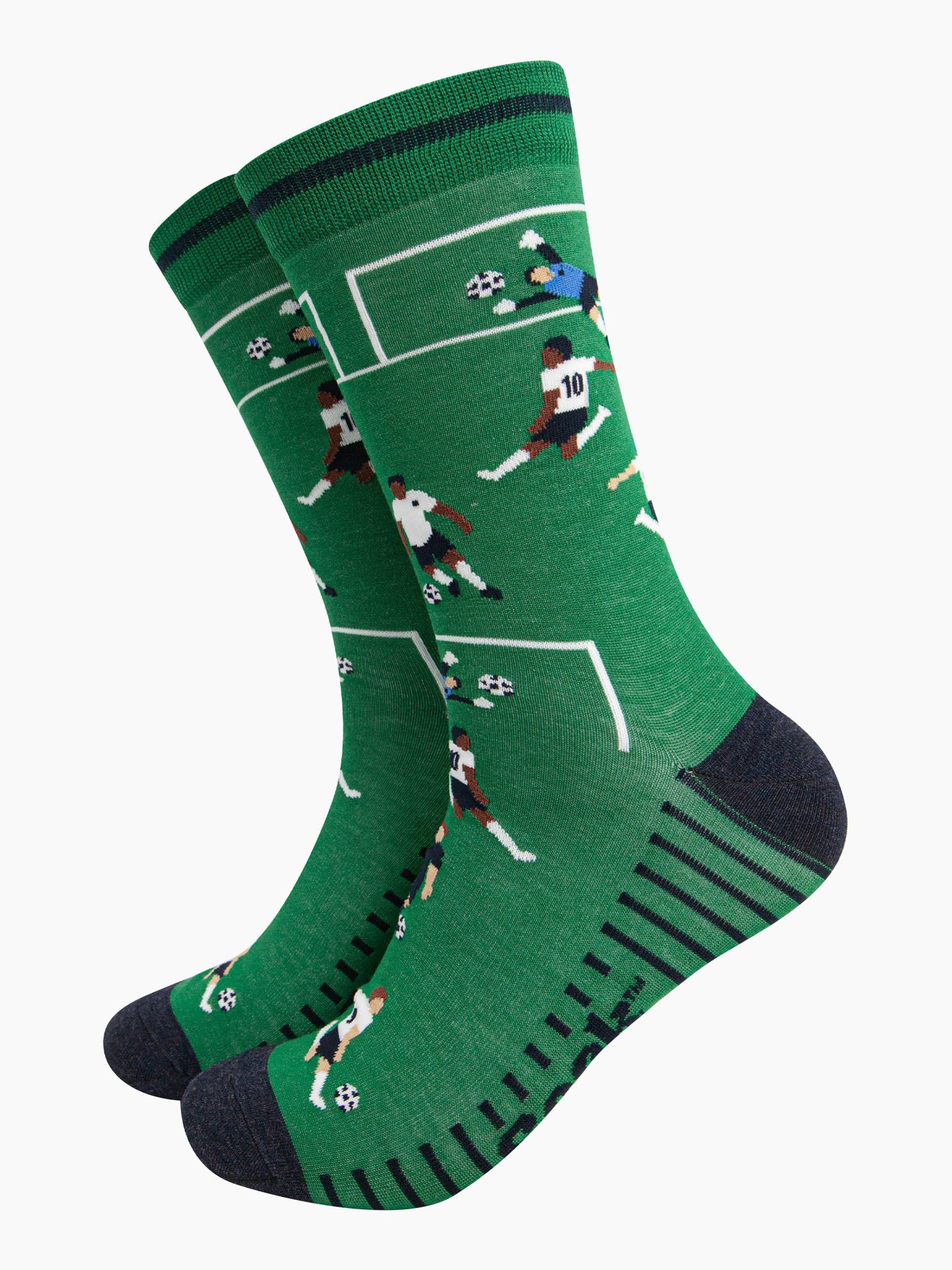 mens-bamboo-socks-green-football-players-pattern-sports-game-shooting-at-goal-goalkeeper