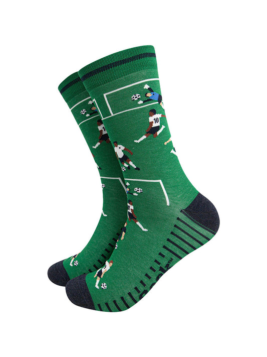 mens-bamboo-socks-green-football-players-pattern-sports-game-shooting-at-goal-goalkeeper