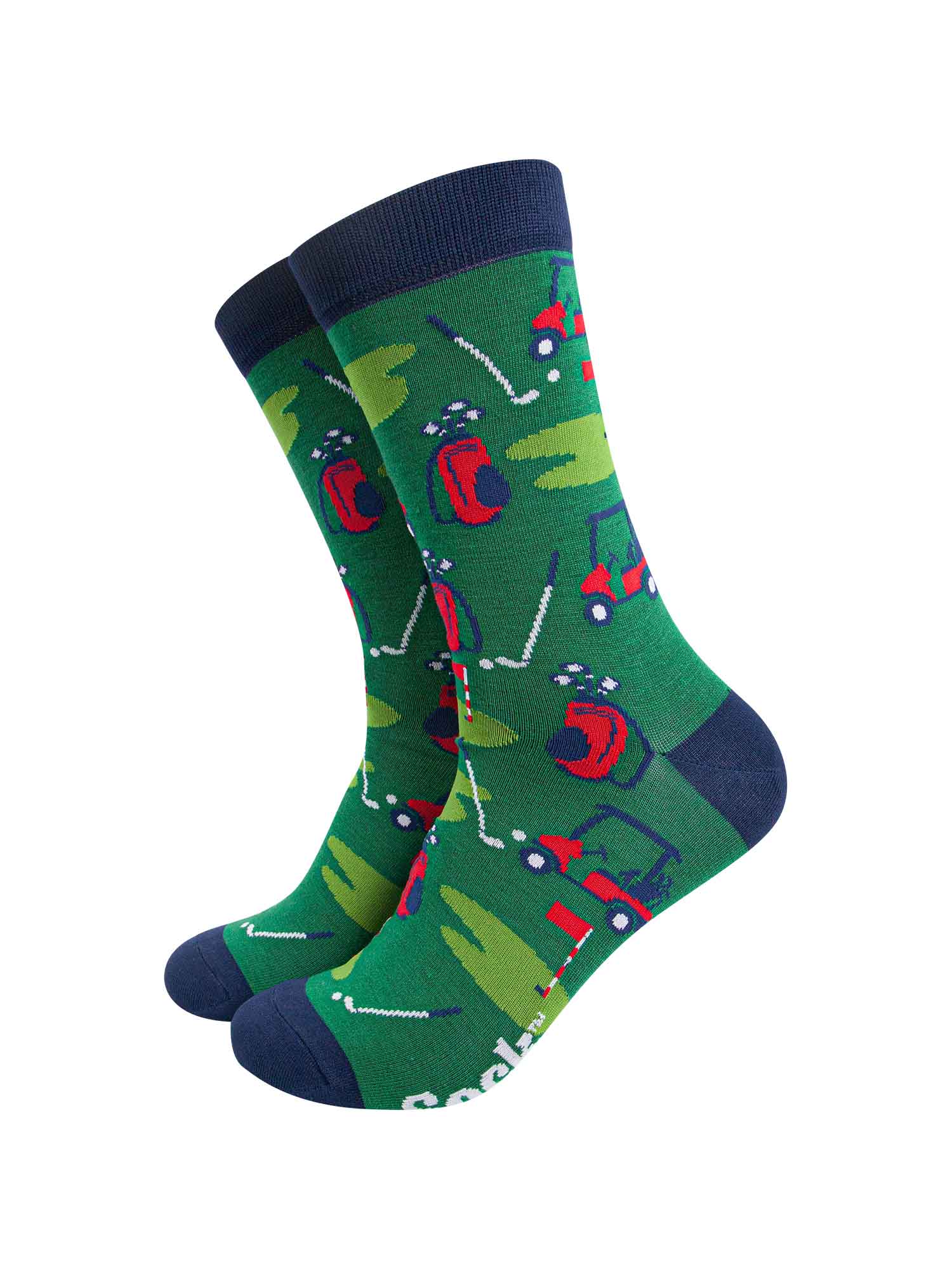 green bamboo golf socks featuring a putting green , golf carf and golf bag scene