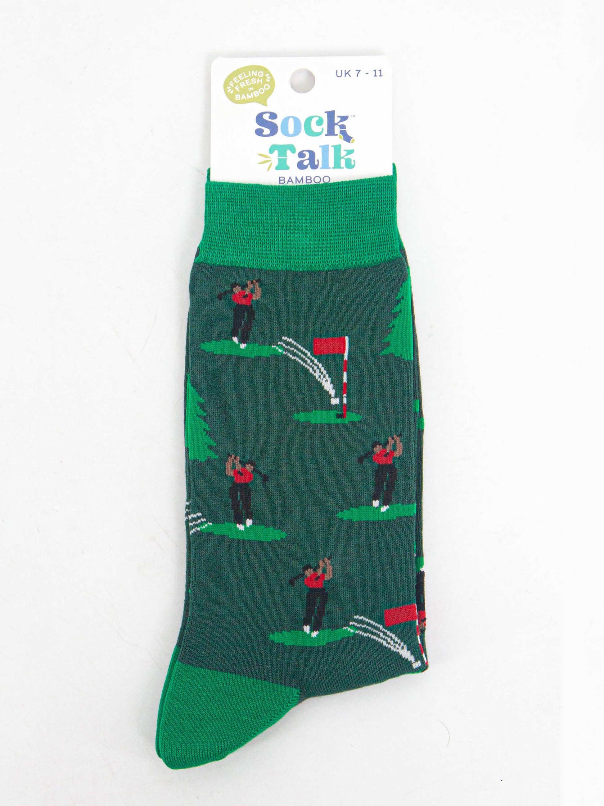 golfer on the green bamboo socks in their sock talk packaging, these socks are a uk size 7-11