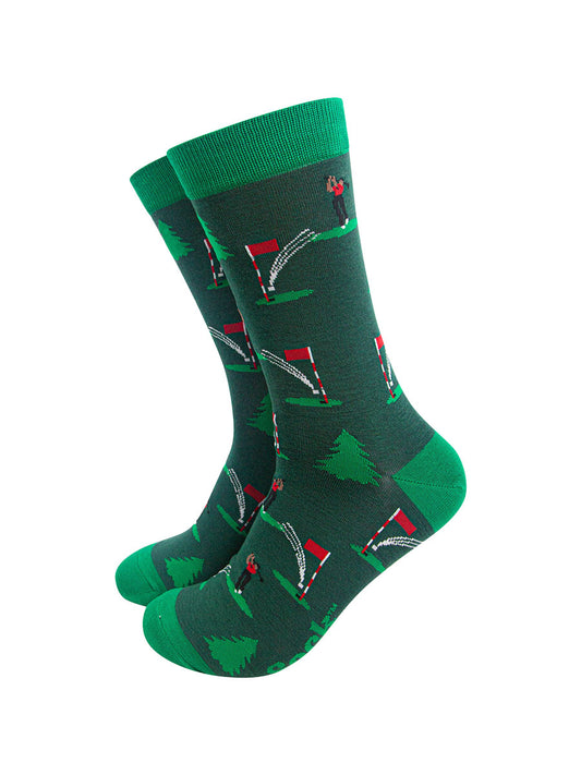 green bamboo socks featuring a golf scene with a golfer on the green