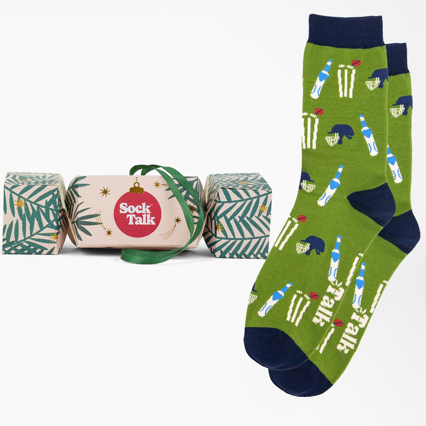 Men's Bamboo Crew Socks Christmas Cracker Gift Box - Green/Navy Blue, Cricket