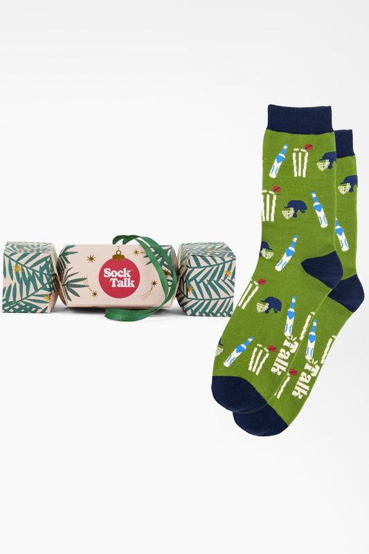Men's Bamboo Crew Socks Christmas Cracker Gift Box - Green/Navy Blue, Cricket