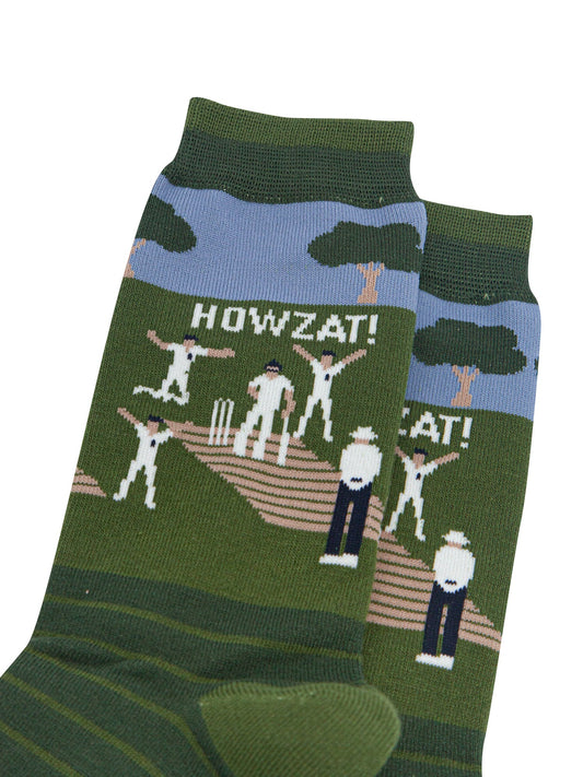 Cricketers-Howzat-Men's-Bamboo-Socks-in-Green-Close-Up