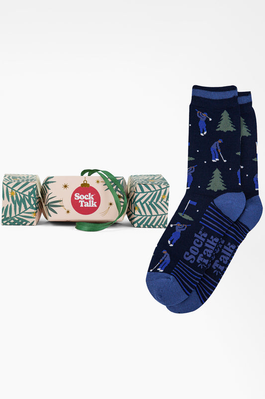 Men's Bamboo Crew Socks Christmas Cracker Gift Box - Navy Blue/Denim Blue, Golfer and Trees