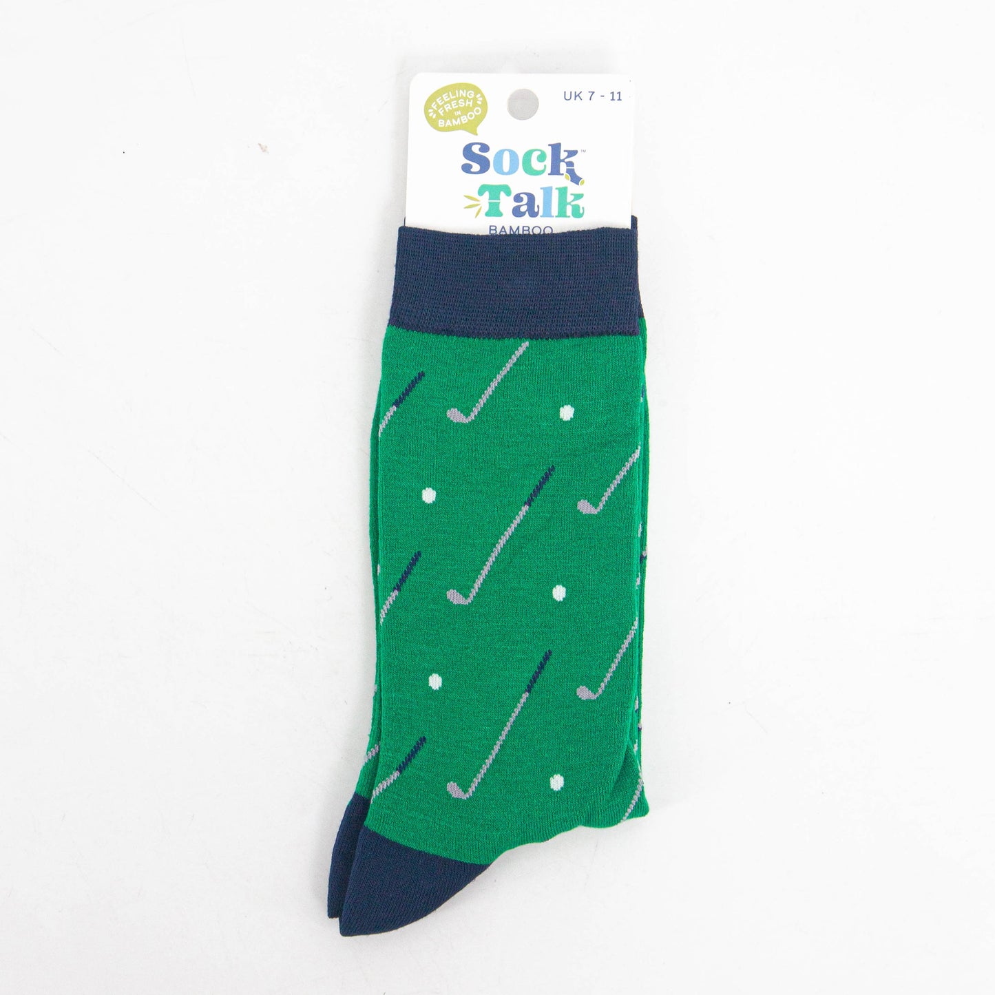 golf ball and club bamboo socks in their sock talk packaging, these socks are a uk size 7-11