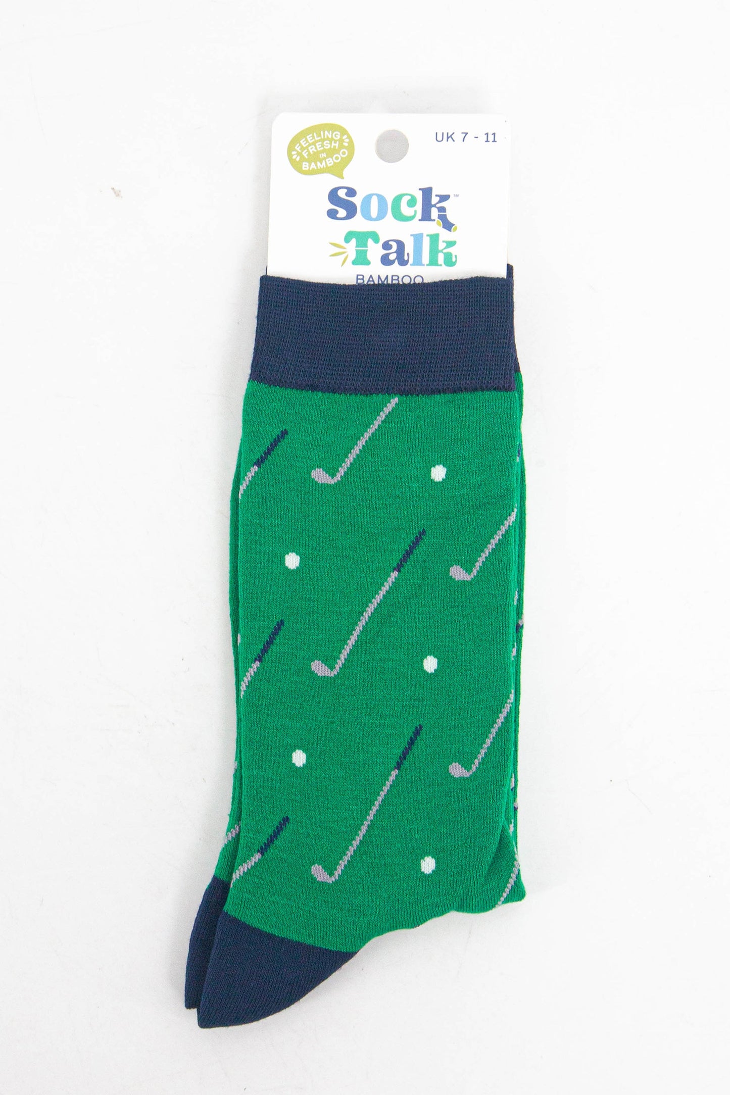 golf ball and club bamboo socks in their sock talk packaging, these socks are a uk size 7-11