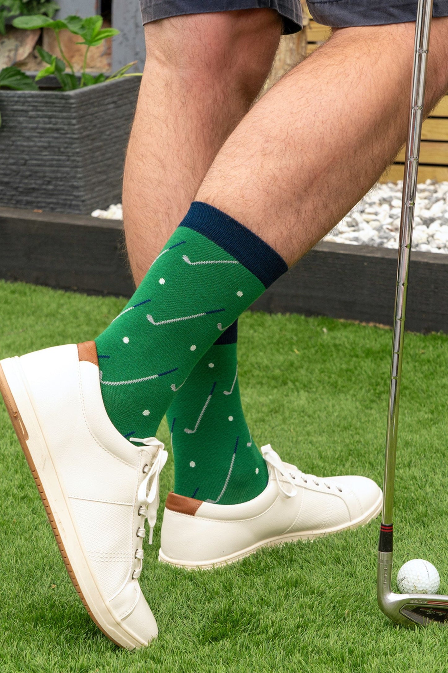 mens-bamboo-socks-green-golf-ball-and-club-syled-with-white-trainer