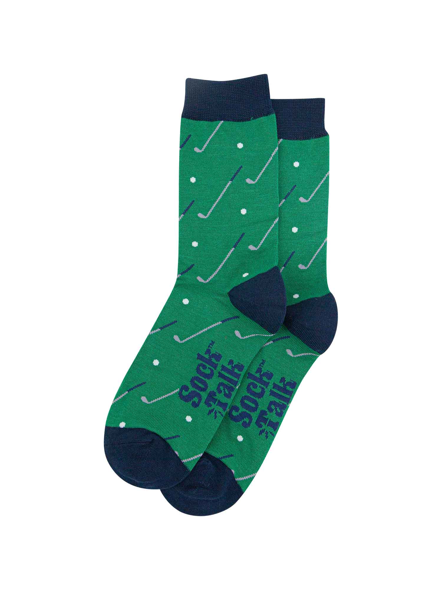 showing the socks laying flat, there is an all over pattern of golf clubs and golf balls on a green background