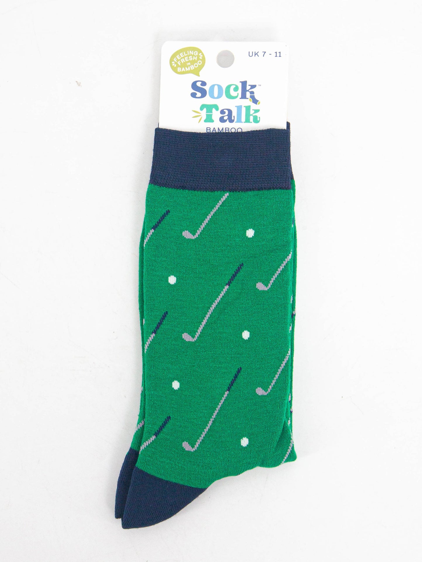 golf ball and club bamboo socks in their sock talk packaging, these socks are a uk size 7-11