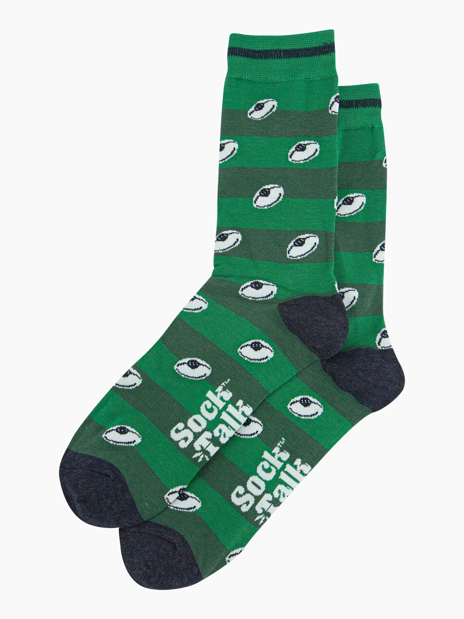 mens-bamboo-socks-green-rugby-ball-stripe-laying-flat-all-over-repeating-pattern-rugby-balls