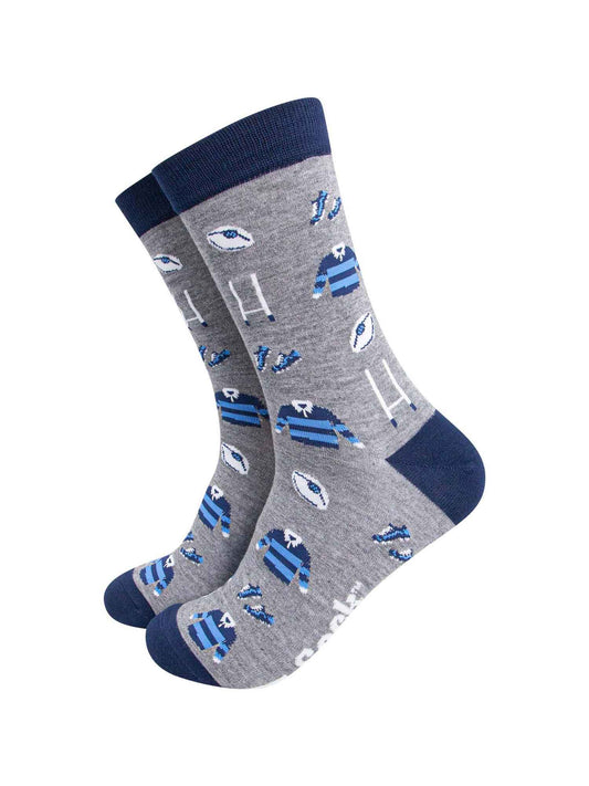 grey and blue dress socks featuring a blue rugby team kit, rugby ball and rugby goal posts