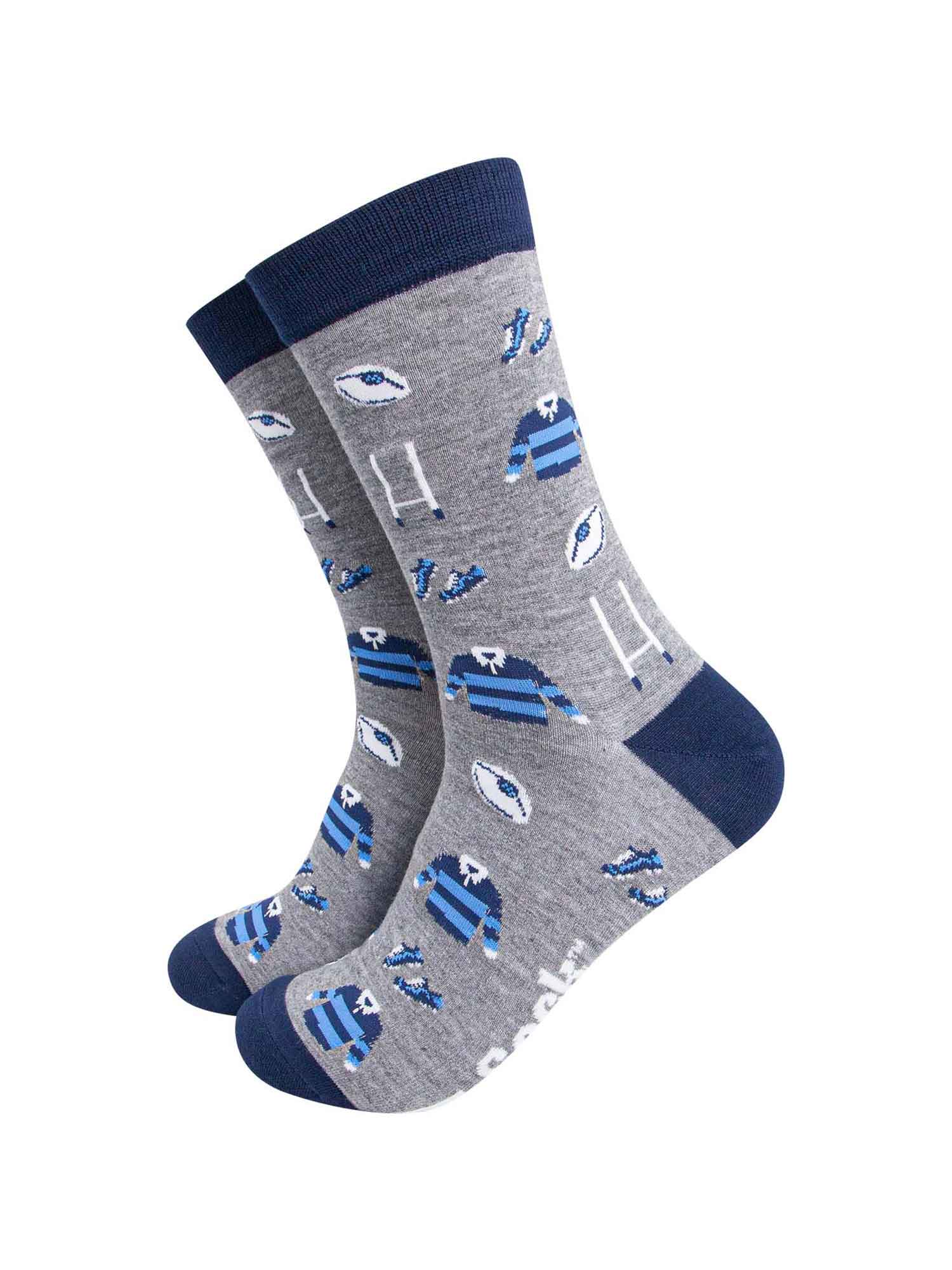 grey and blue dress socks featuring a blue rugby team kit, rugby ball and rugby goal posts